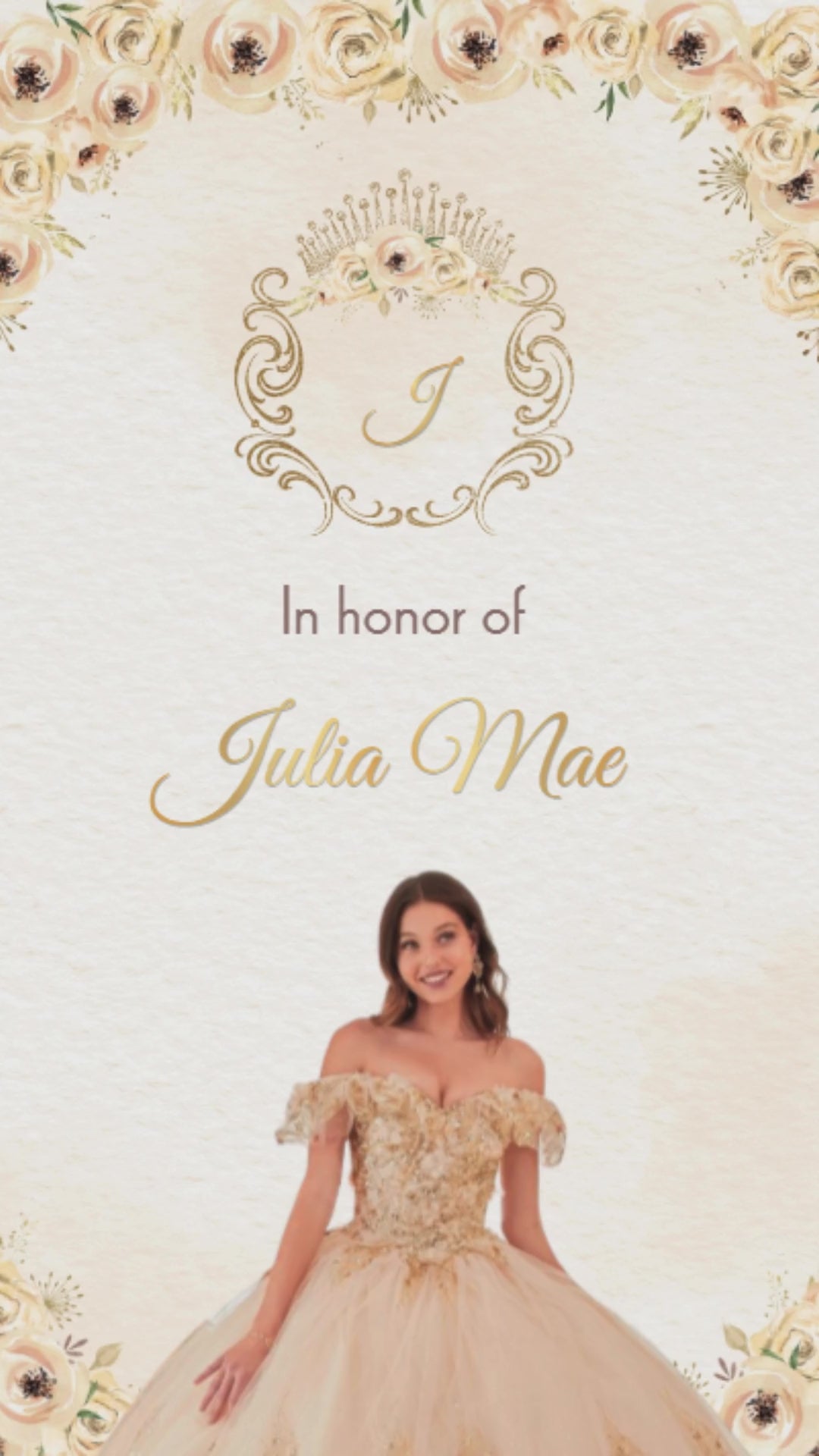 Champagne cream gold floral quinceañera video invitation with animated flower border
