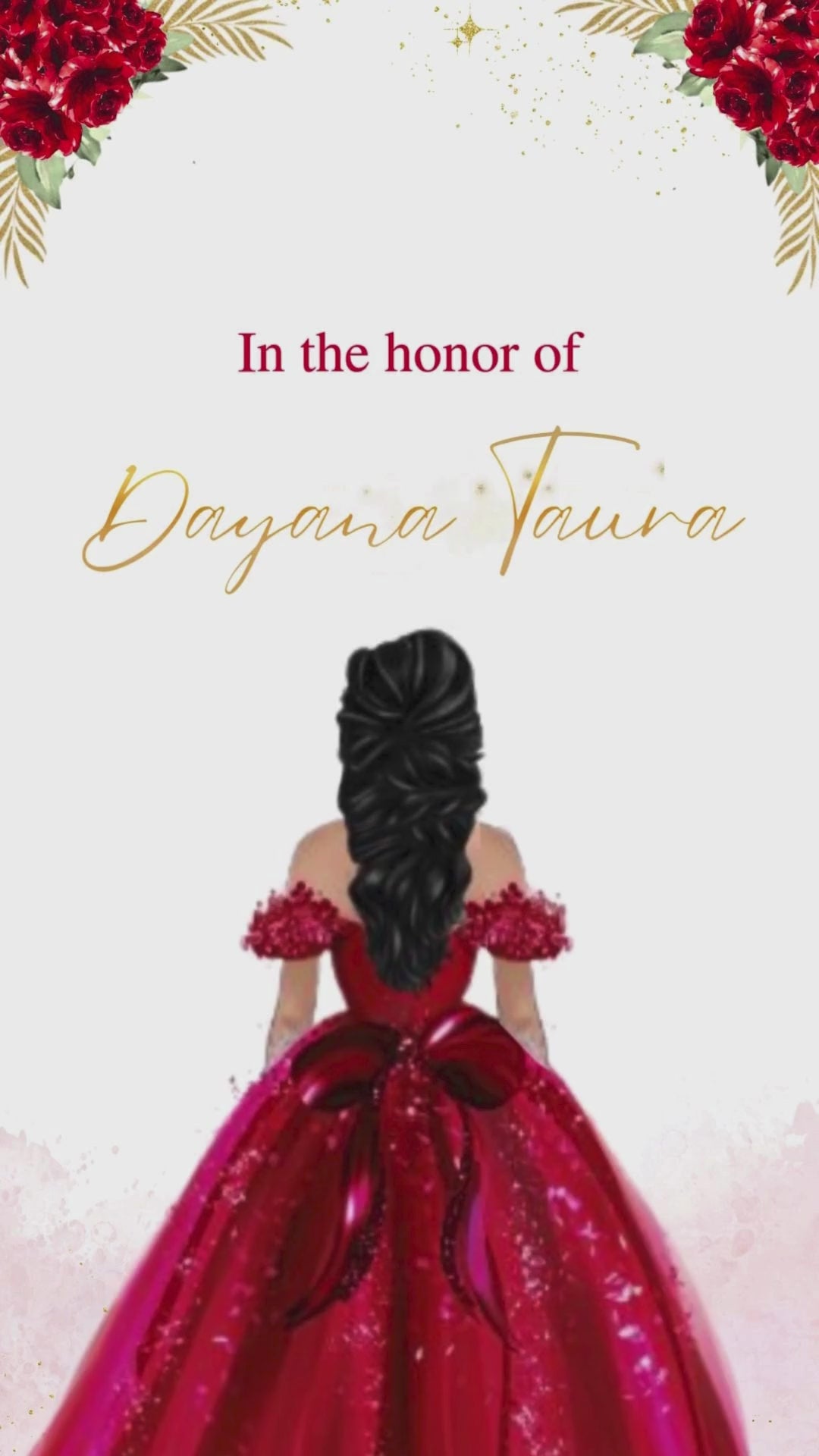 Red and gold butterfly Sweet 16 video invitation with animated design