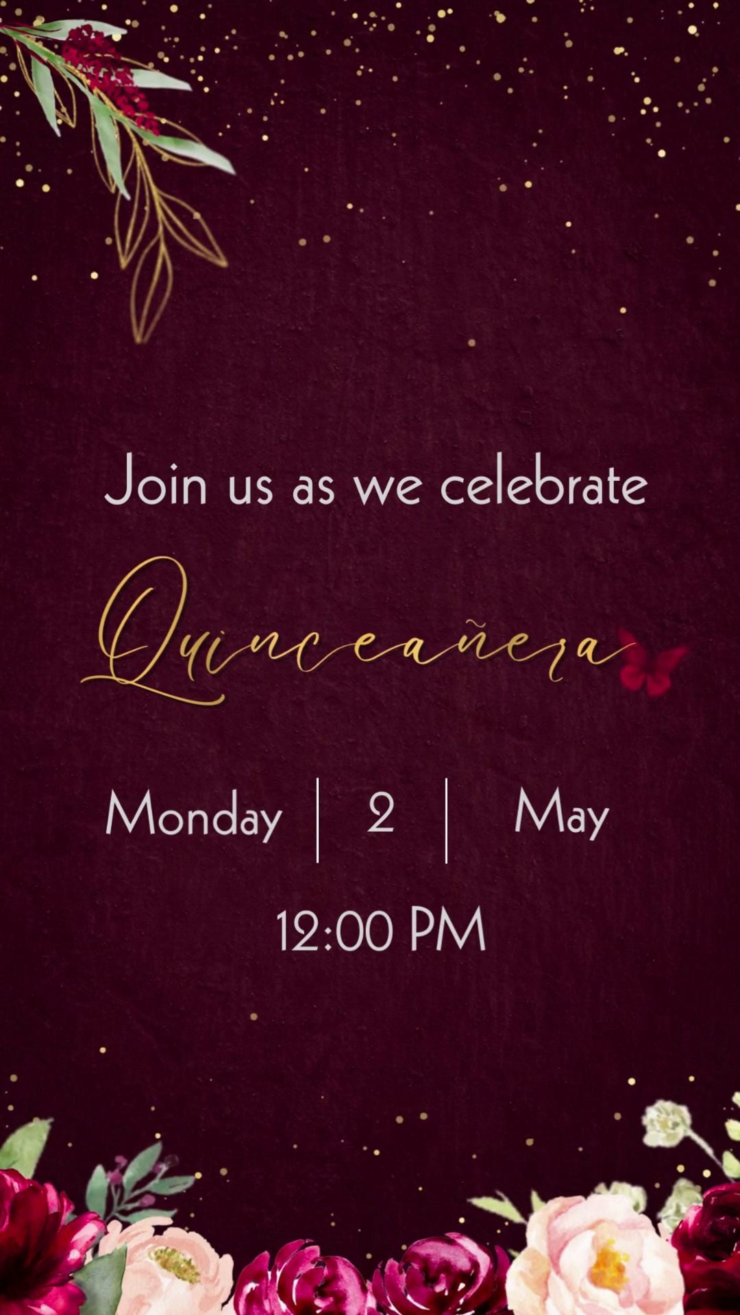 Burgundy floral and gold quinceañera animated video invitation