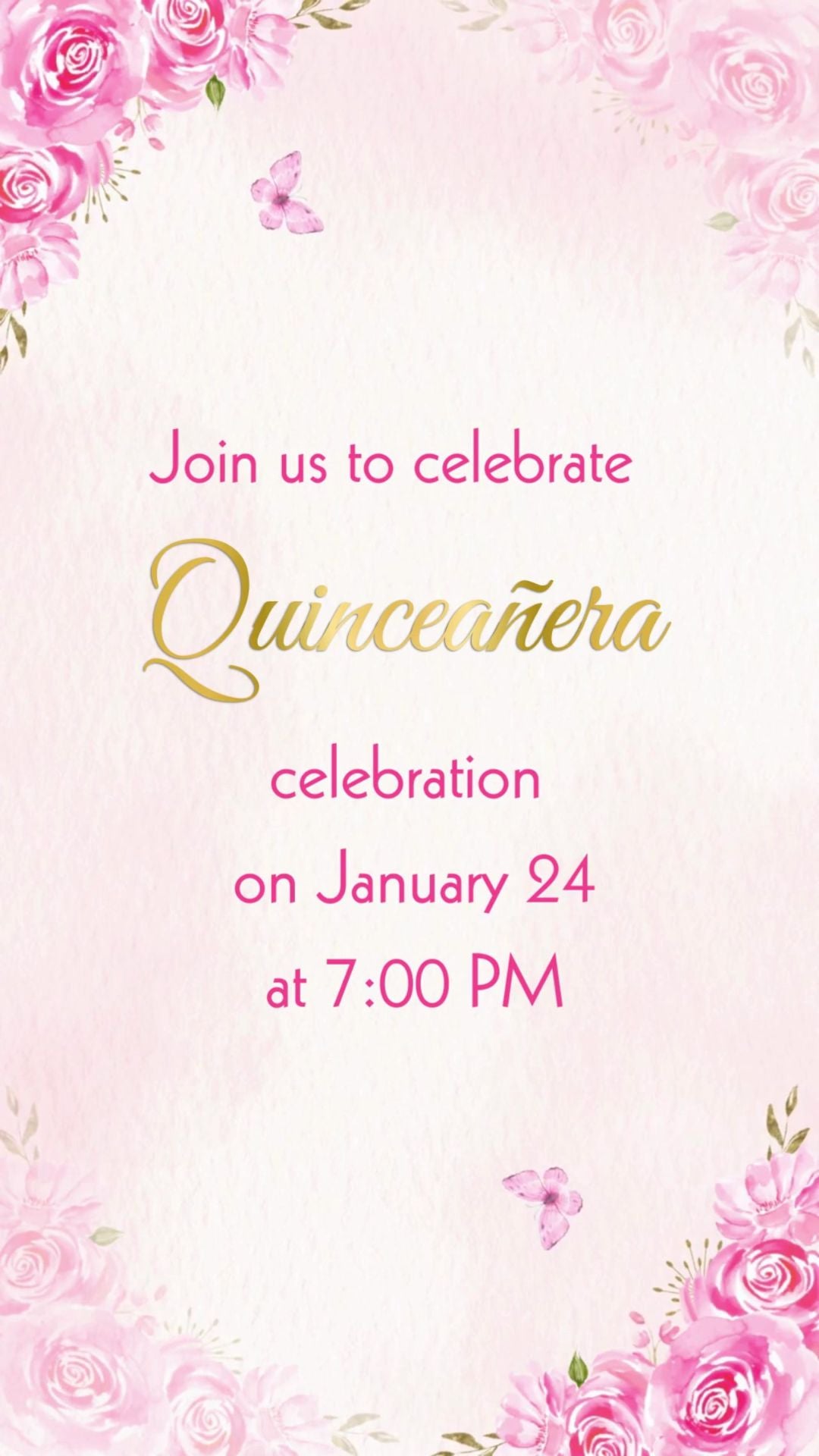 Pastel pink and gold quinceañera video invitation with animated floral border