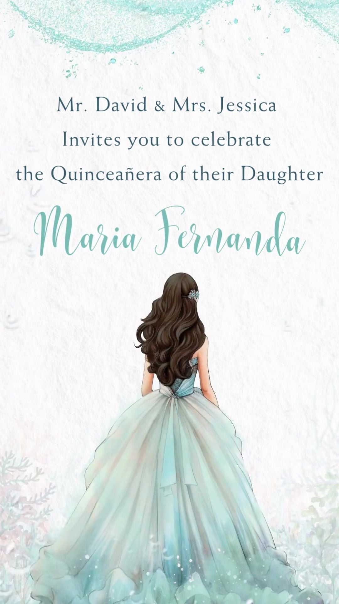 Aqua mermaid quinceañera video invitation with turquoise waves and pearl accents