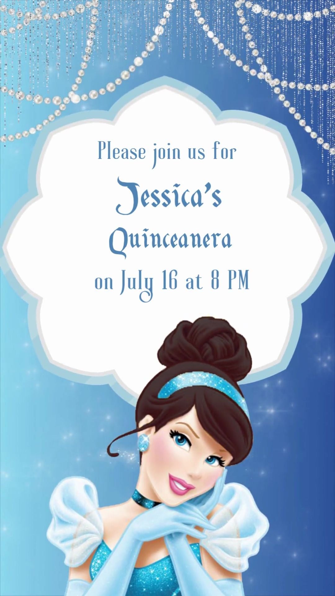 Cinderella themed animated quinceañera video invitation with glass slipper and castle design
