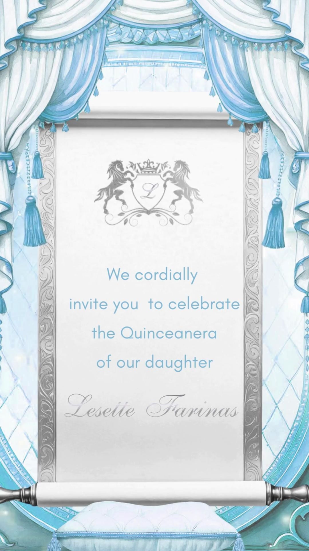 Cinderella themed animated quinceañera invitation video with castle and glass slipper design.