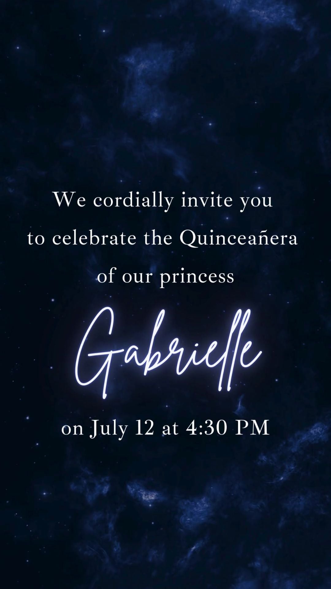 Celestial Quinceañera video invitation with stars, moon, and galaxy design for 15th birthday celebration