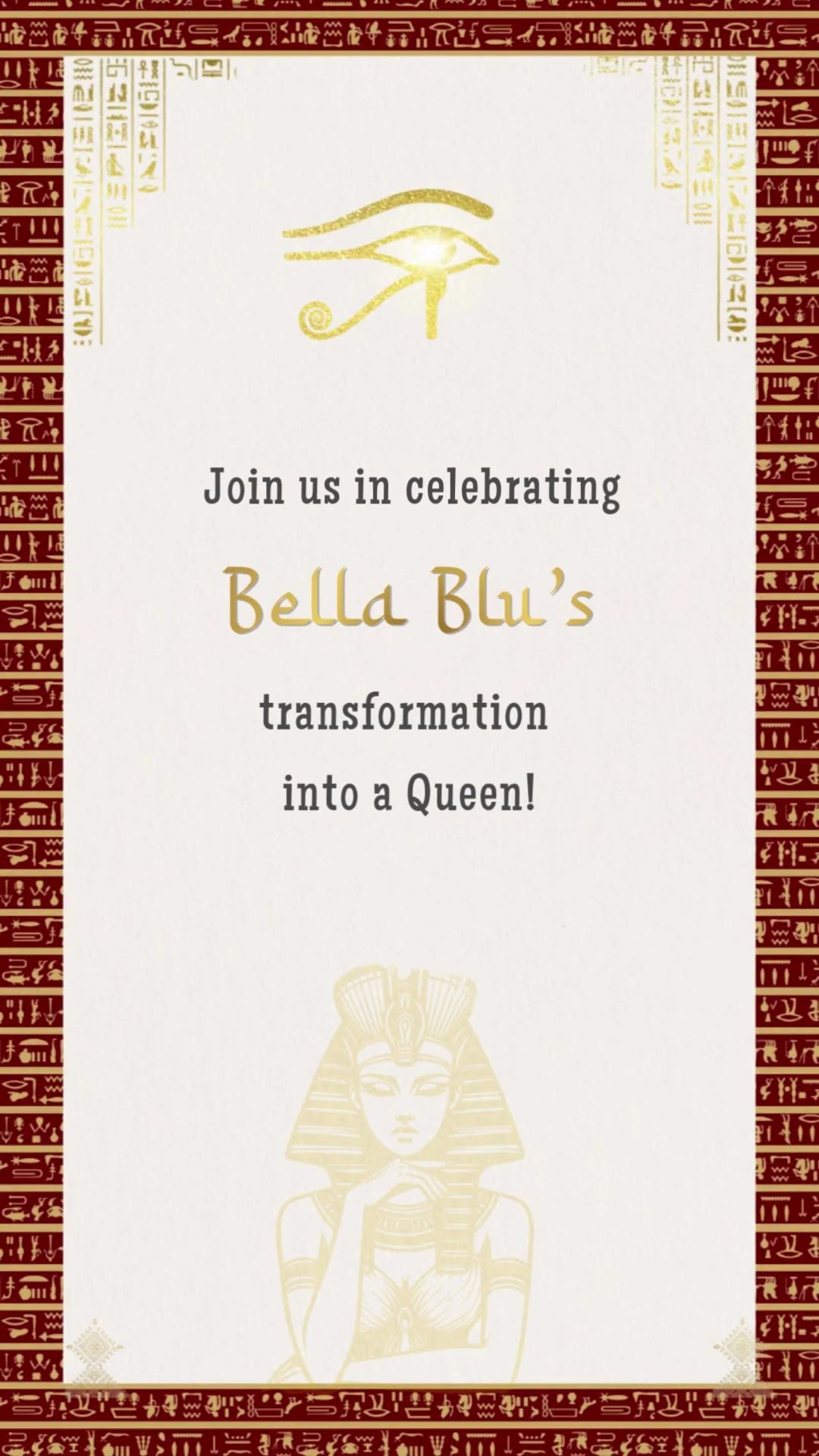 Egyptian Cleopatra themed quinceañera video invitation with gold hieroglyphic details