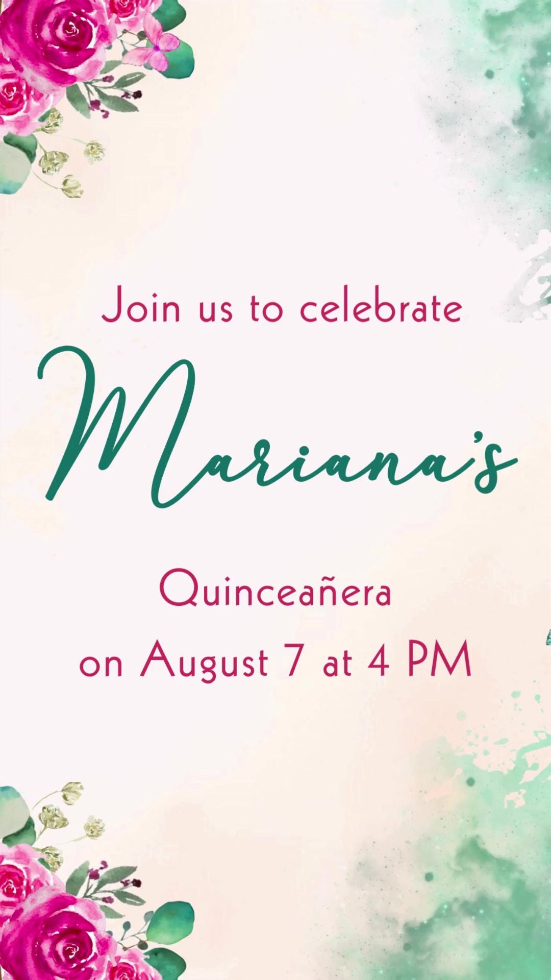 Hot pink flower and emerald green quinceañera video invitation