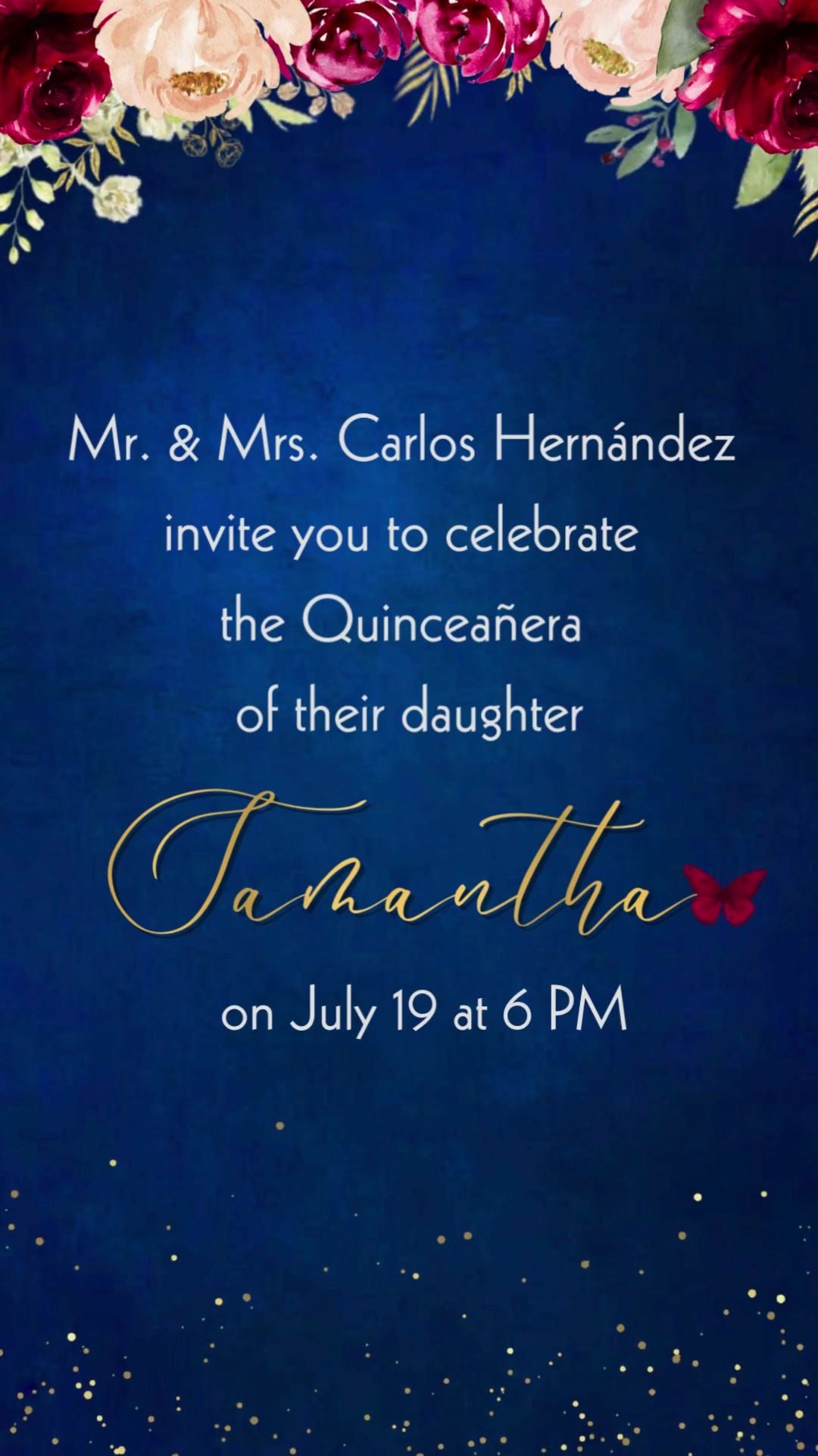 
Royal blue and burgundy floral quinceañera video invitation with animated flowers