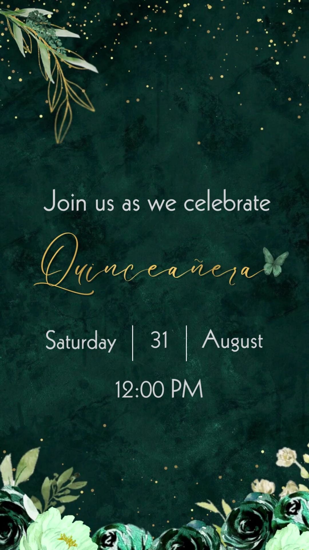 Emerald Green & Gold Quinceañera Video Invitation - Quinceañera video invitation, Princess quinceañera theme, animated quinceañera invitation | Canva Template | Instant Download