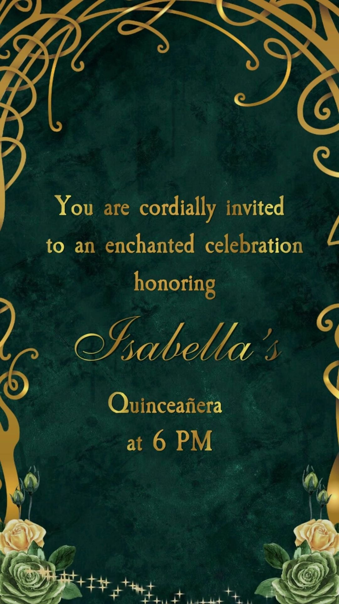 Emerald green quinceañera video invitation with animated floral details and gold accents.