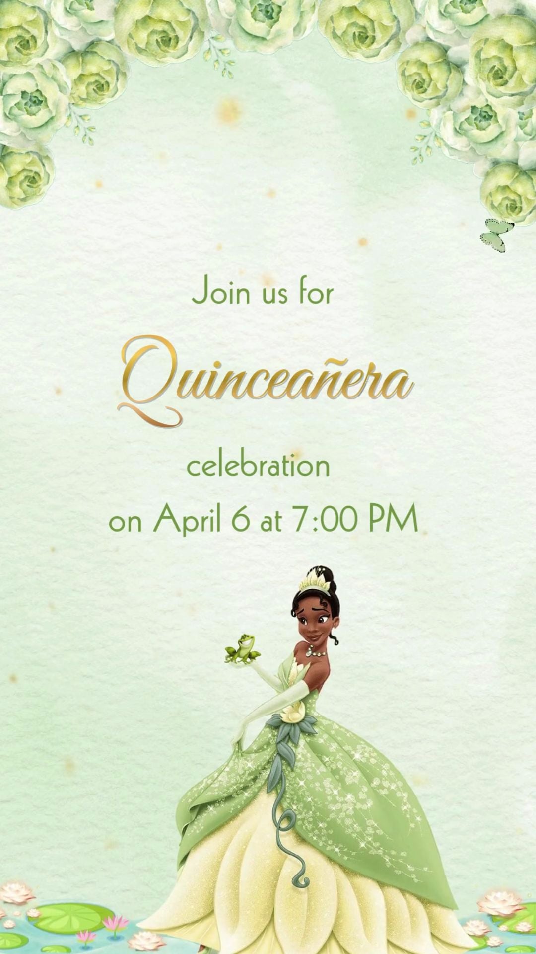 Princess Tiana mint green quinceañera video invitation with gold accents