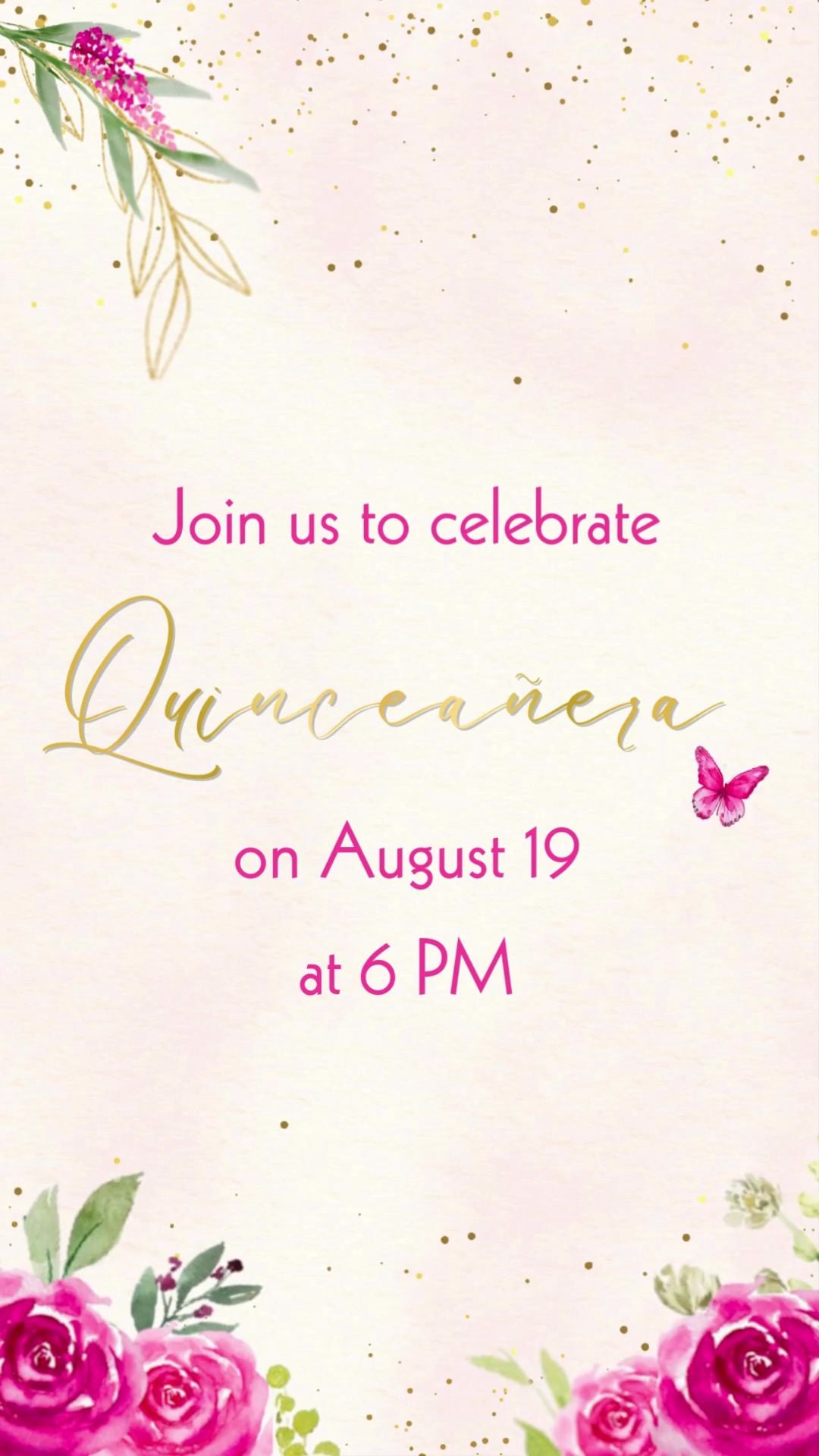 Hot pink floral quinceañera video invitation with animated flowers and elegant text overlay