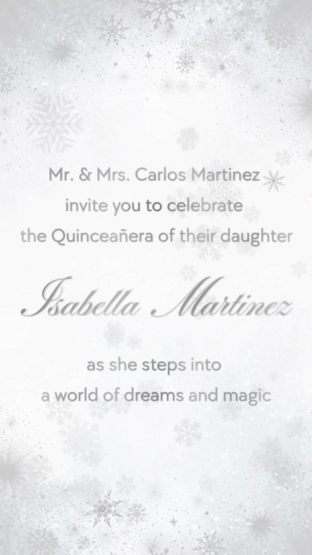 Winter wonderland quinceañera video invitation with snowflakes and elegant winter theme
