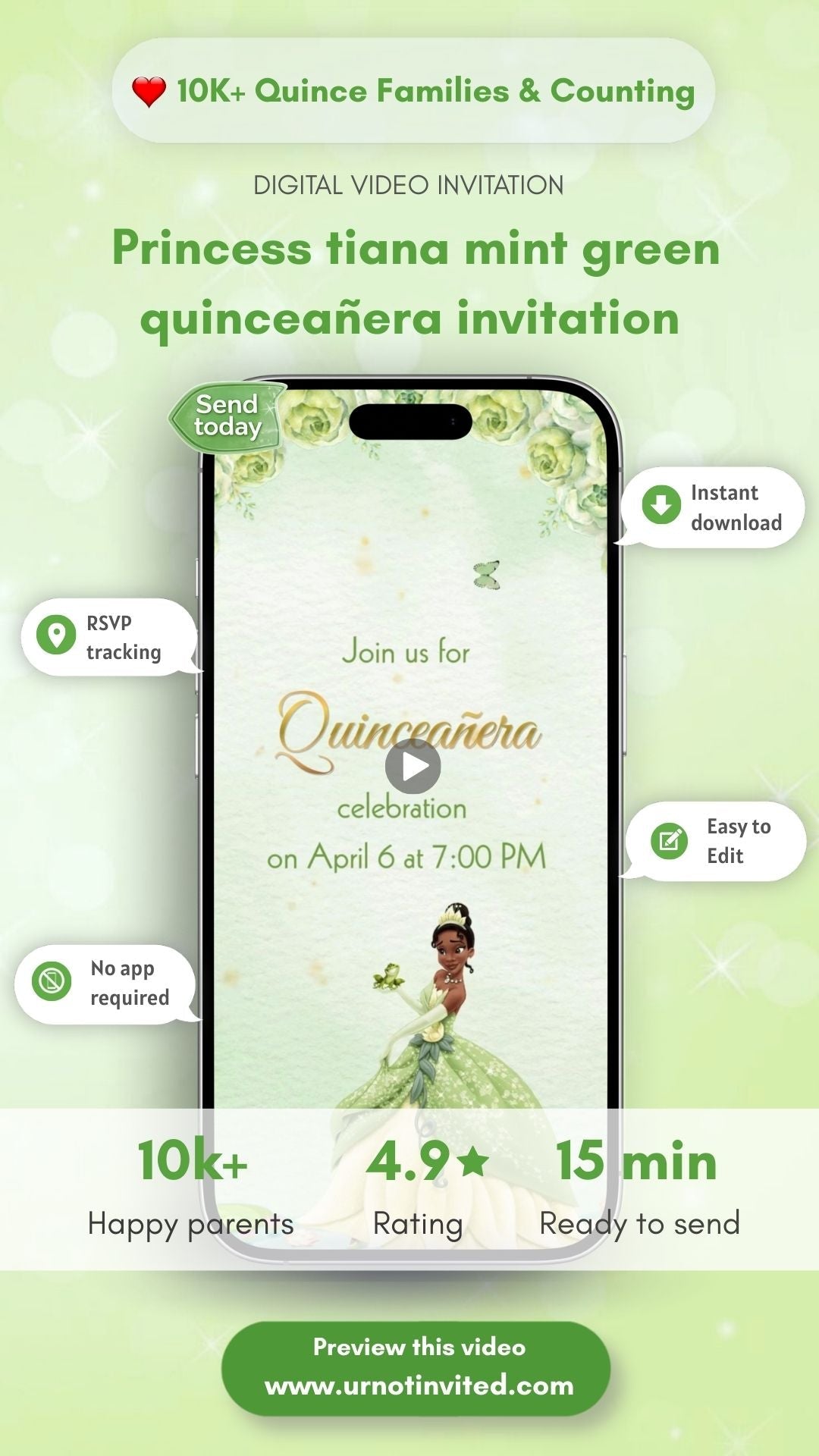 Princess Tiana Mint Green Quinceañera Video Invitation | Princess Quinceañera Theme | Digital Canva Template | Instant Download - urnotinvitedQuinceañera invitationurnotinvitedurnotinvitedVideo OnlyPrincess Tiana Mint Green Quinceañera Video Invitation | Princess Quinceañera Theme | Digital Canva Template | Instant Download