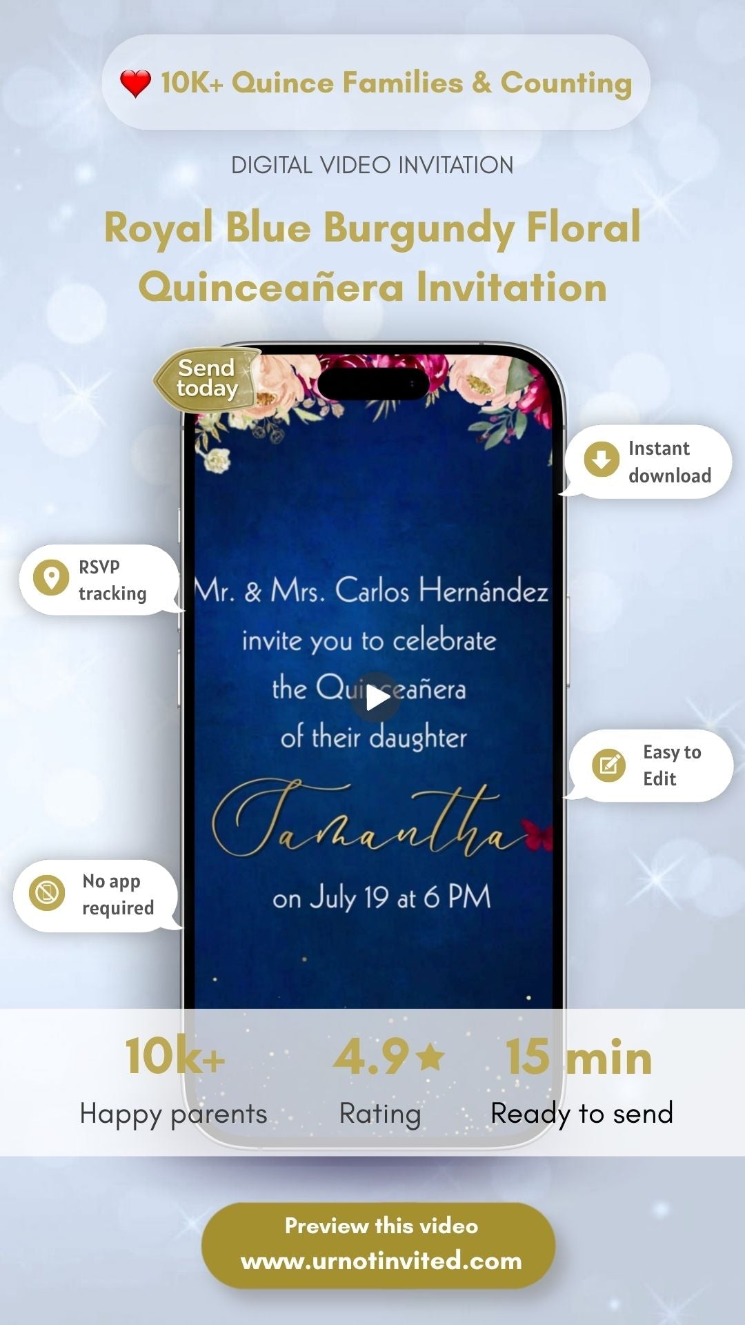 Royal Blue Burgandy Floral Quinceañera Video Invitation - Royal Blue Quinceañera Theme Quince Años Digital Invite | Canva Template | Instant Download - urnotinvitedQuinceañera invitationurnotinvitedurnotinvitedVideo OnlyRoyal Blue Burgandy Floral Quinceañera Video Invitation - Royal Blue Quinceañera Theme Quince Años Digital Invite | Canva Template | Instant Download
