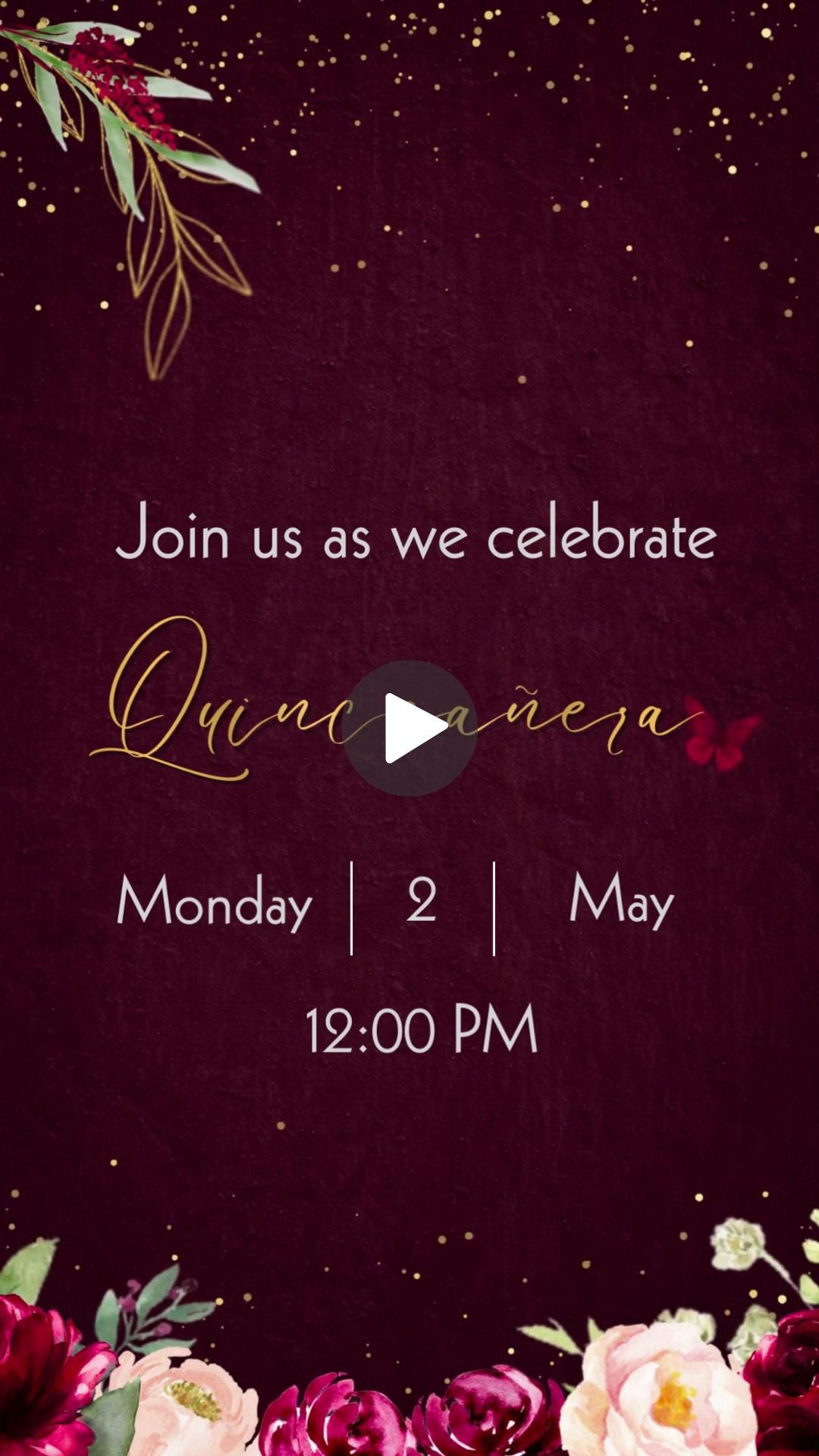 Burgundy Floral &amp; Gold Quinceañera Video Invitation - Burgundy Floral &amp; Gold Quinceañera Theme Quince Años Digital Invite | Canva Template | Instant Download