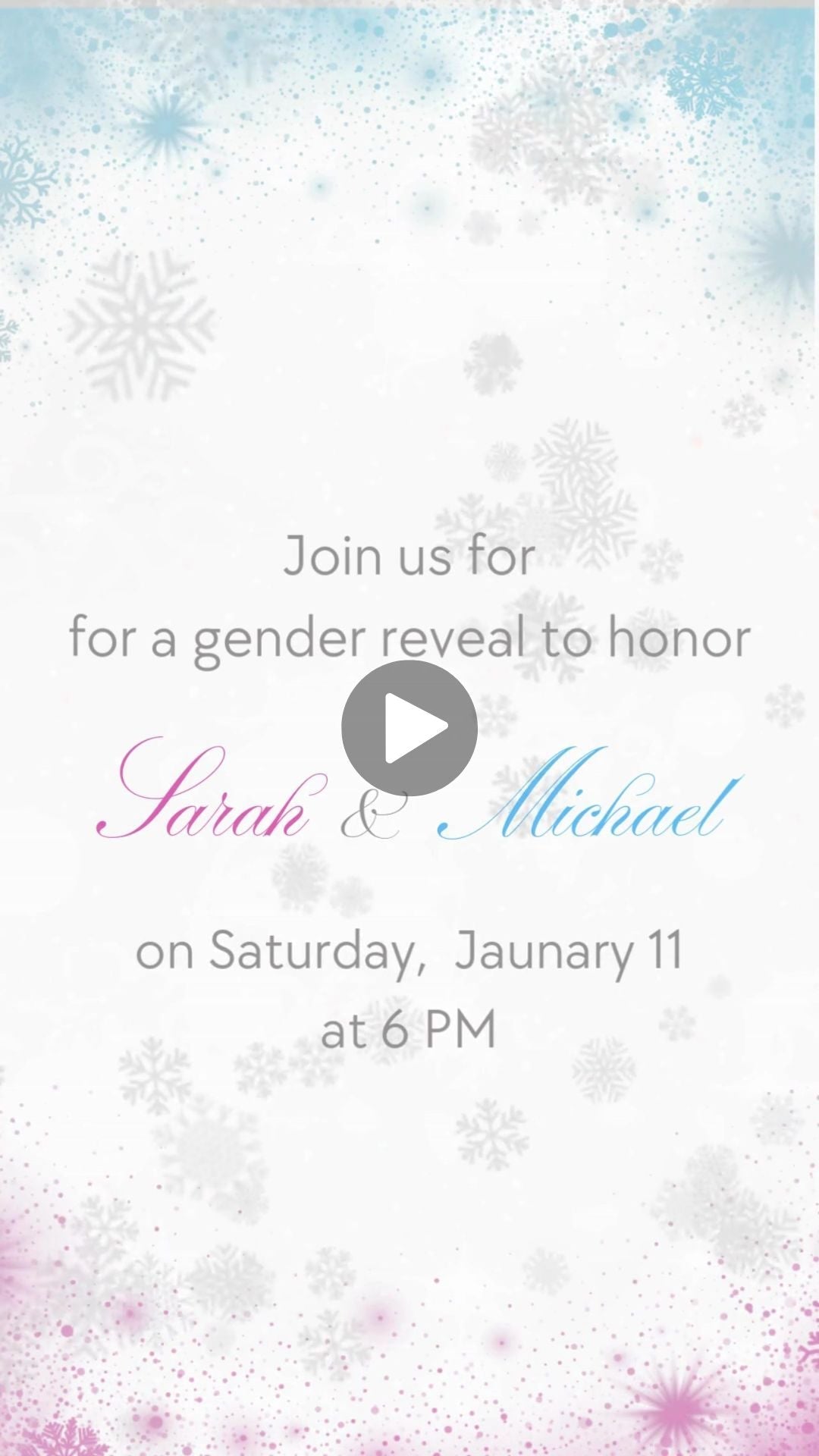 Winter Wonderland Gender Reveal Video Invitation with Snowflakes - urnotinvitedAdult BirthdayurnotinvitedurnotinvitedVideo OnlyAnimated video invitation preview on phone with instant download and RSVP tracking badges