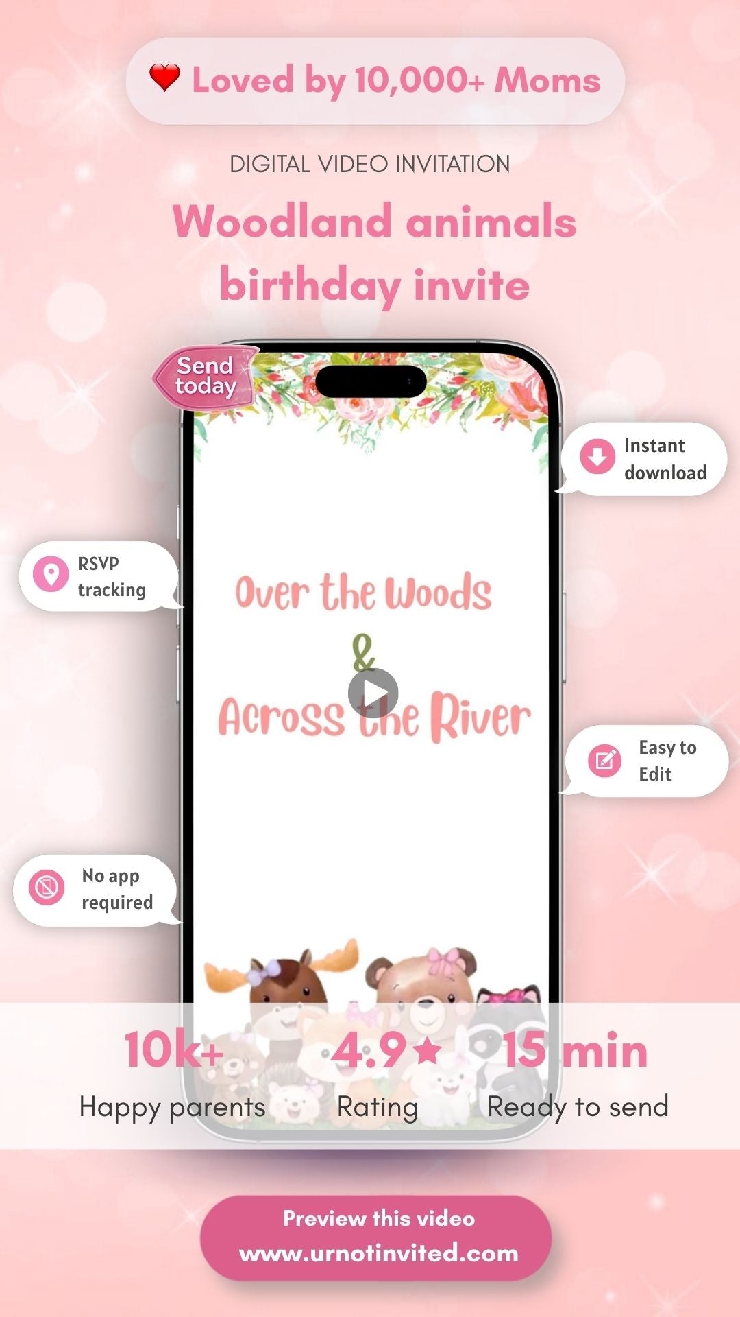 Woodland Animals Pink Birthday Video Invitation - Woodland Animals Theme Party Digital Invite - urnotinvitedKIds BirthdayurnotinvitedurnotinvitedINV-1274Video OnlyWoodland Animals Pink Birthday Video Invitation - Woodland Animals Theme Party Digital Invite