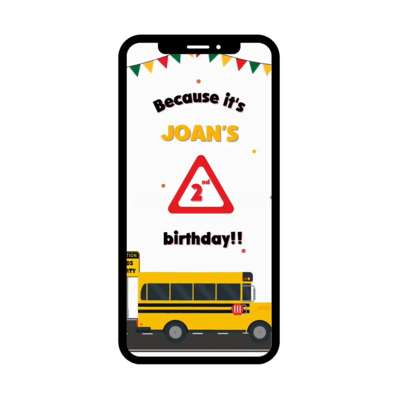 Invitación en vídeo de cumpleaños de Las ruedas del autobús - Invitación a la fiesta temática del autobús escolar